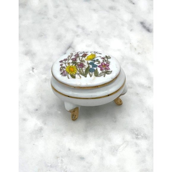 Small Floral Trinket Ring Box Gold Trim Friendship Japan Porcelain Wildflowers - Picture 3 of 9